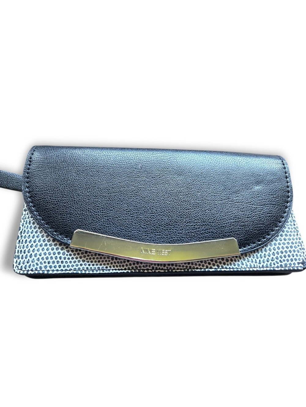Nine West Black & Silver Wristlet Clutch, Textured Dot Print, Multi‑Pocket Inner